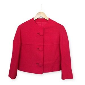 Vintage 60s Jackie O Style Cherry Red Wool Bouclé Cropped Jacket M/L Dopamine